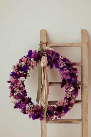 Ghirlanda di Fiori Secchi Statice Rosa e Viola