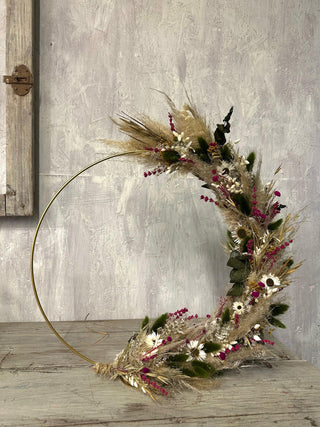 Cerchio di Fiori Secchi con Piedistallo Beige Verde e Fucsia