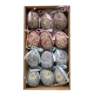 Set 12 Uova Pasquali Decorative Fiorellini Rosa e Azzurro