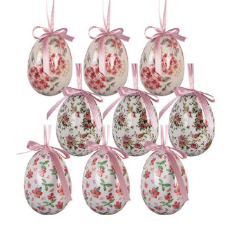 Set 9 Uova Pasquali Decorative Fiorellini Rosa e Bianche