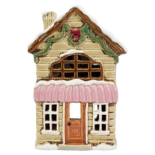 Casetta Portacandele Beige e Rosa Natalizia 14x9x20 cm