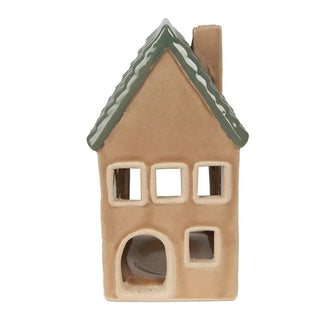 Portacandela casetta marrone e verde 8x8x15 cm